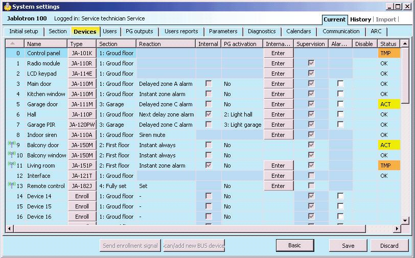 11.3 System settings Window used to set behaviour of the system, all devices, sections, users, PG outputs, communicators and transmissions to ARC is available by pressing the Settings button on the