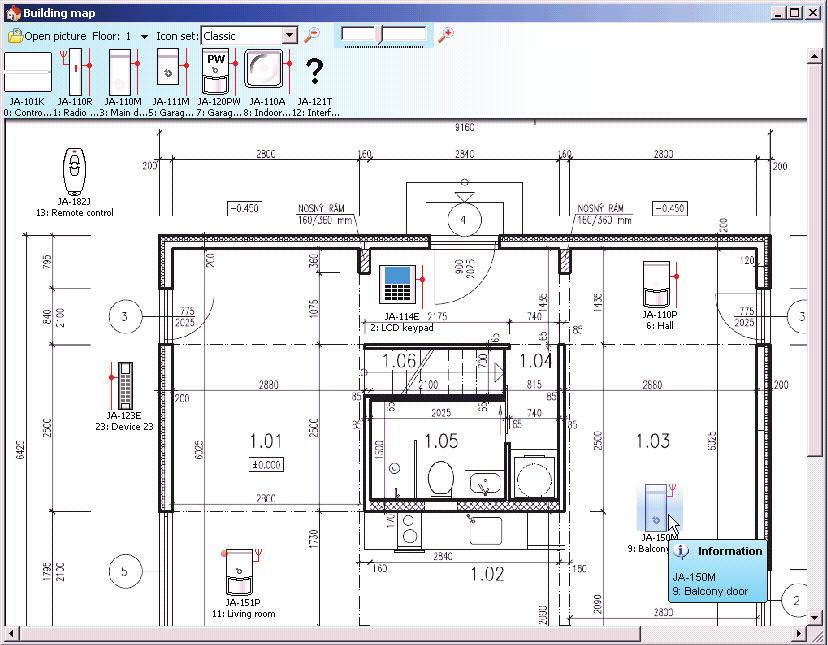 11.5 Building map You can insert a top view (jpg, gif, bmp, tif, png etc.) into the building map for each floor separately or you can use simple lines to draw your own plan.