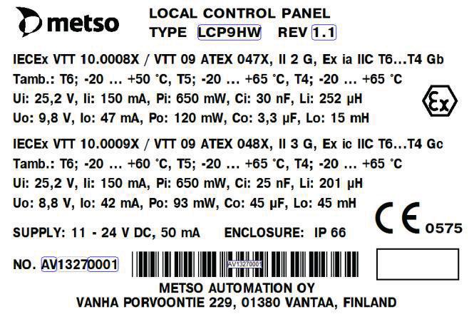 4 7 LCP9H 70 en Fig. 2 General wiring of LCP9H_L / VG9000H_L3 1.4 Markings The Local Control Panel is equipped with an identification plate (Fig. 2 or 3). Fig. 3 Example of identification plate, LCP9H Fig.