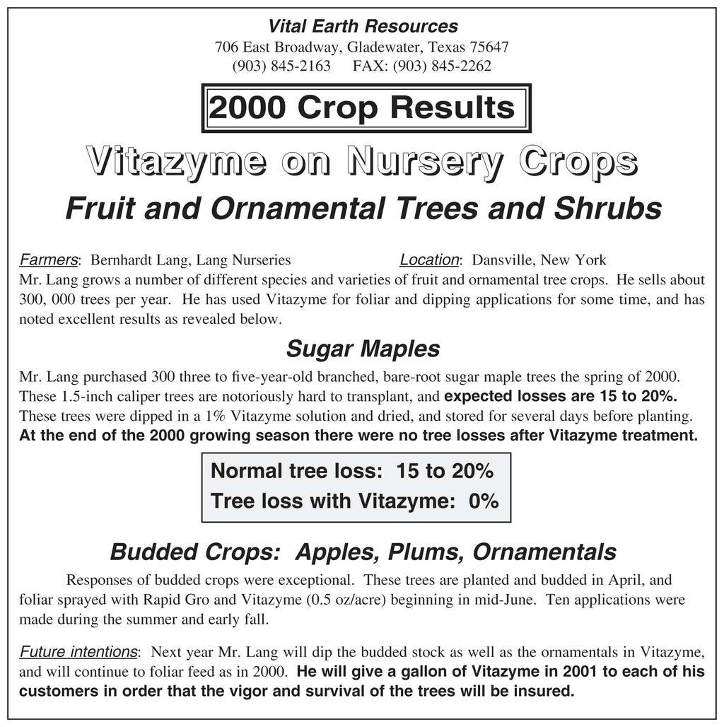 112000 Crop Results II WnU ~W[M}@ @[fi} ~llilll@@llw ll@~@ Fruit and Ornamental Trees and Shrubs Farmers: Bernhardt Lang, Lang Nurseries Location: Dansville, New York Mr.