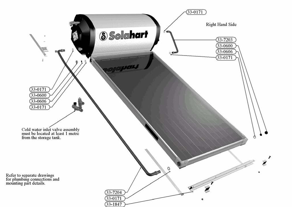 33-1197 Solahart Owner s Manual Thermosyphon Systems Revision C Apr 07 21 INSTALLATION DIAGRAM MODELS 151L & 151L For general (for ALL models) Installation Instructions, refer to Page 8.