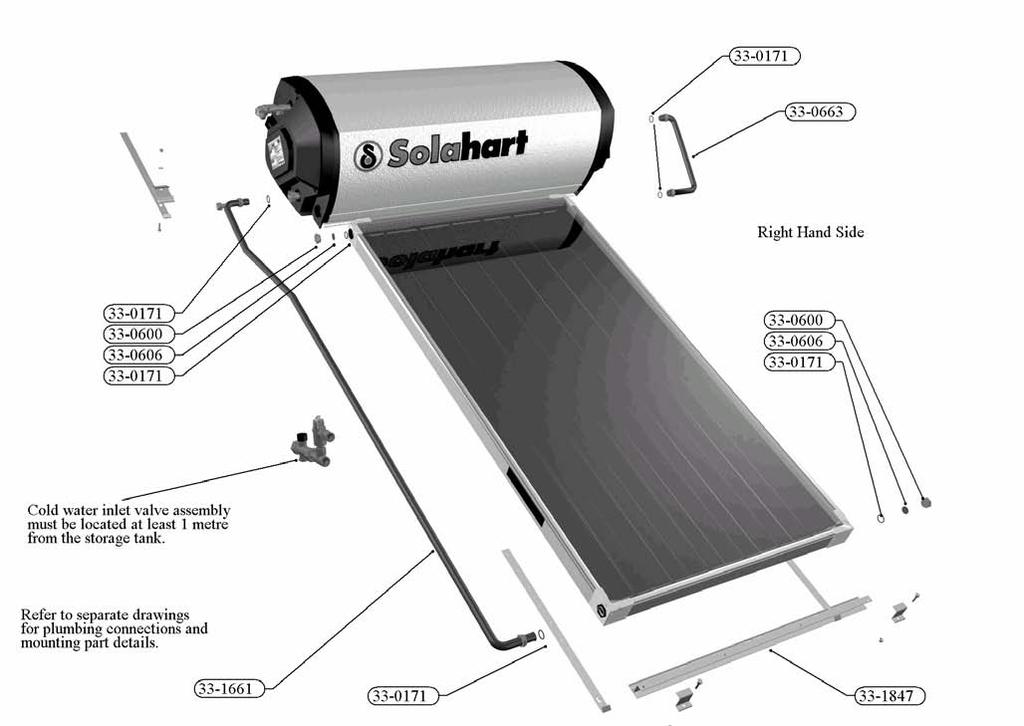 33-1197 Solahart Owner s Manual Thermosyphon Systems Revision C Apr 07 23 INSTALLATION DIAGRAM MODELS 181L & 181L For general (for ALL models) Installation Instructions, refer to Page 8.