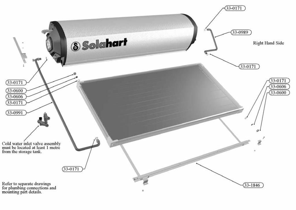 33-1197 Solahart Owner s Manual Thermosyphon Systems Revision C Apr 07 27 INSTALLATION DIAGRAM MODELS 301L & 301L For general (for ALL models) Installation Instructions, refer to Page 8.