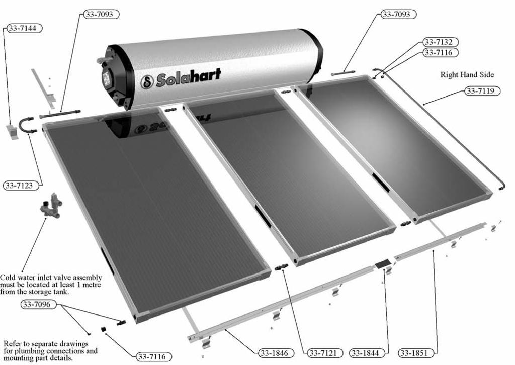 30 33-1197 Solahart Owner s Manual Thermosyphon Systems Revision C Apr 07 INSTALLATION DIAGRAM MODELS 303J, 303KF, 303J & 303KF For general (for ALL models) Installation Instructions, refer
