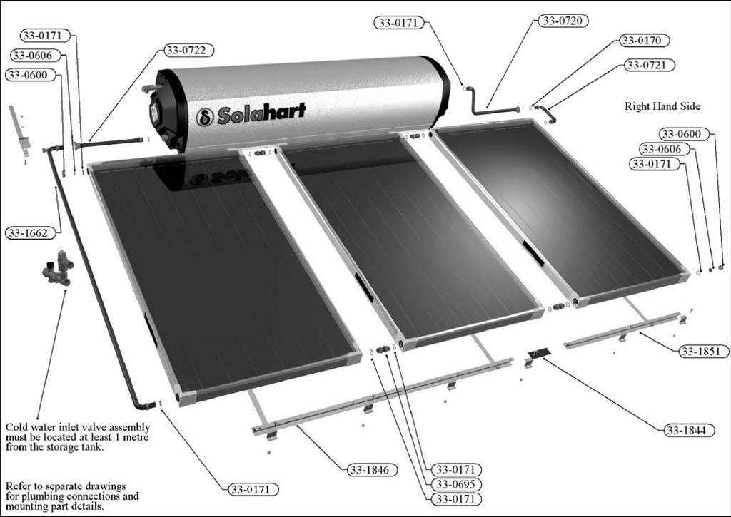33-1197 Solahart Owner s Manual Thermosyphon Systems Revision C Apr 07 31 INSTALLATION DIAGRAM MODELS 303L & 303L For general (for ALL models) Installation Instructions, refer to Page 8.