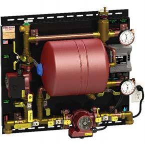 Boiler and emitter circuits have hydraulic separation for independent fl ow adjustments.