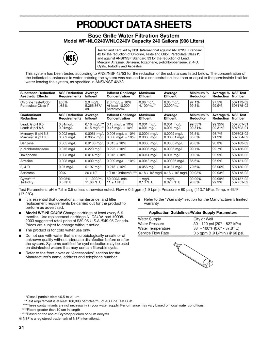 PRODUCT DATA SHEETS Base Grille Water Filtration System Model WF-NLC240V/NLC240V Capacity 240 Gallons (908 Liters) I Tested and certified by NSF International against ANSI/NSF Standard 42 for the