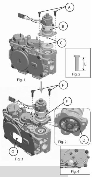 16. Figure 1: Using a Torx T20 (supplied) or slotted screwdriver, remove and discard the two pressureregulator mounting screws (A); pressure-regulator tower (B); and the spring and diaphragm assembly