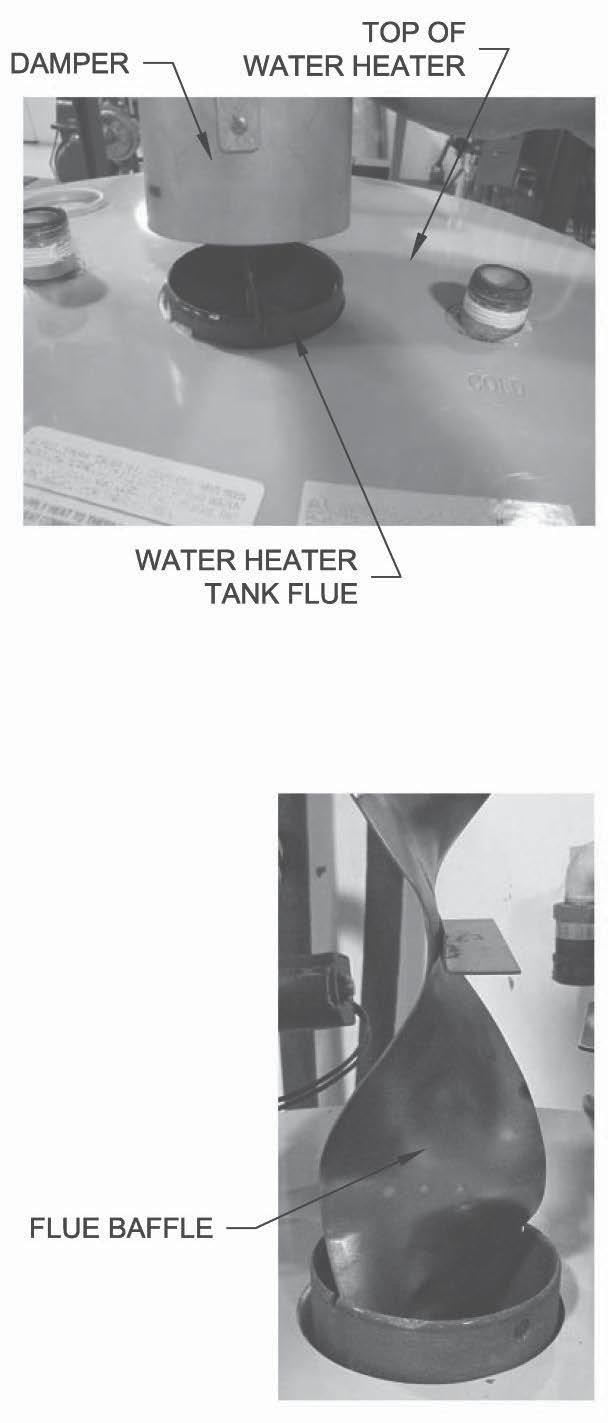 Flue Baffle Inspection and Replacement (cont.) Step 6. Step 7. Step 8. Carefully remove the damper from the top of the water heater. Remove the flue baffle from the water heater.