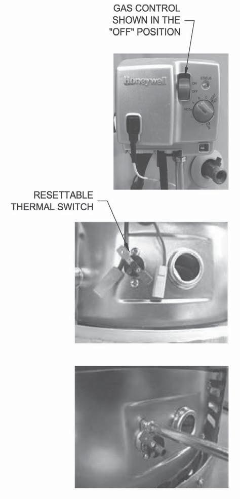 Resettable Thermal Switch Replacement Step 1. Step 2. Step 3. Step 4. Step 5. Move the gas control power switch to the OFF position and unplug the water heater from the wall outlet.