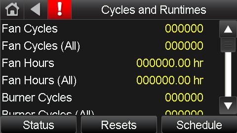 The Status screen provides buttons to access the Cycles and Runtimes, Setpoints, Resets, and Schedules screens.