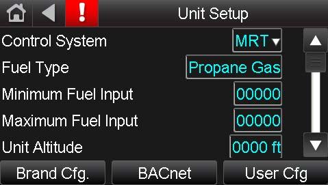 Unit Setup Screen The Unit Setup screen allows the user to select the desired Control System and Fuel Type for the unit. These parameters are configured at the factory for each particular unit.