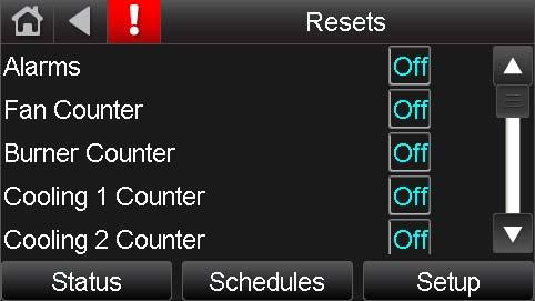 Resets Screen The Resets screen allows the user to reset alarms and heating and cooling counters.