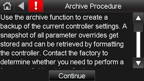 Archive Procedure Screen The Archive Procedure screen documents the procedure for archiving the control program in the controller.