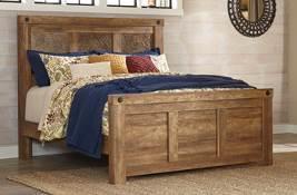 B399 Ladimier Rustic bedroom in a golden brown finish over replicated worn cedar with an authentic touch Accented with 3D pressed detailed faux copper panels Hardware has a large chunky