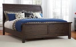 Design - Millennium) Solid pine wood group in a vintage casual design Finished in a weathered brown hue with subtle wire brushing and distressing Bed offers tongue and grove style planking