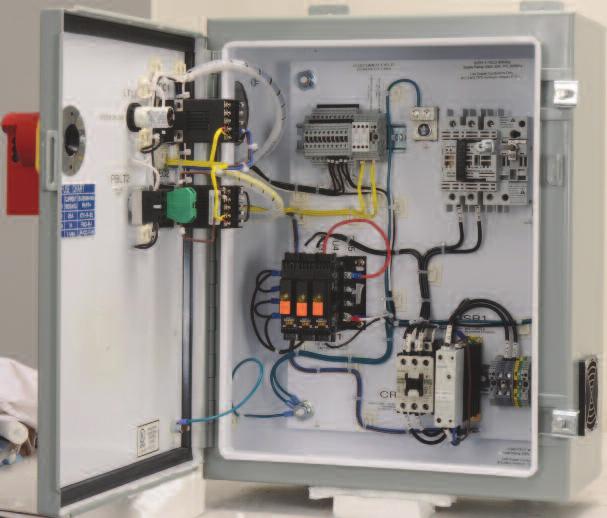 single or three phase High limit safety contactor Fused turn handle disconnect Power On pilot lamp Control transformer, fused primary and secondary Power output connections hardwired to fuse holders