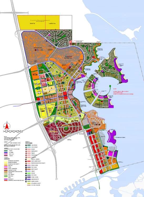 Current Master plan Districts: Commercial Boulevard District. The Commercial Waterfront District. Waterfront residential. Northern Villas Districts. Education / Hospital District. Boulevard Towers.