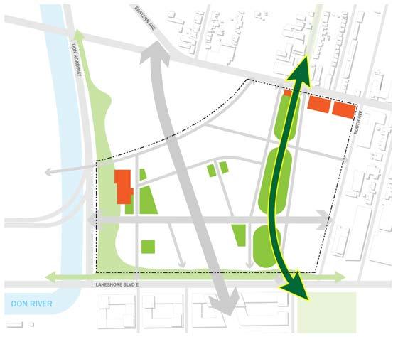 Develop a fine-grain network of new streets, lanes and pedestrian connections, anchored on Broadview and East Harbour, to ensure site porosity, support