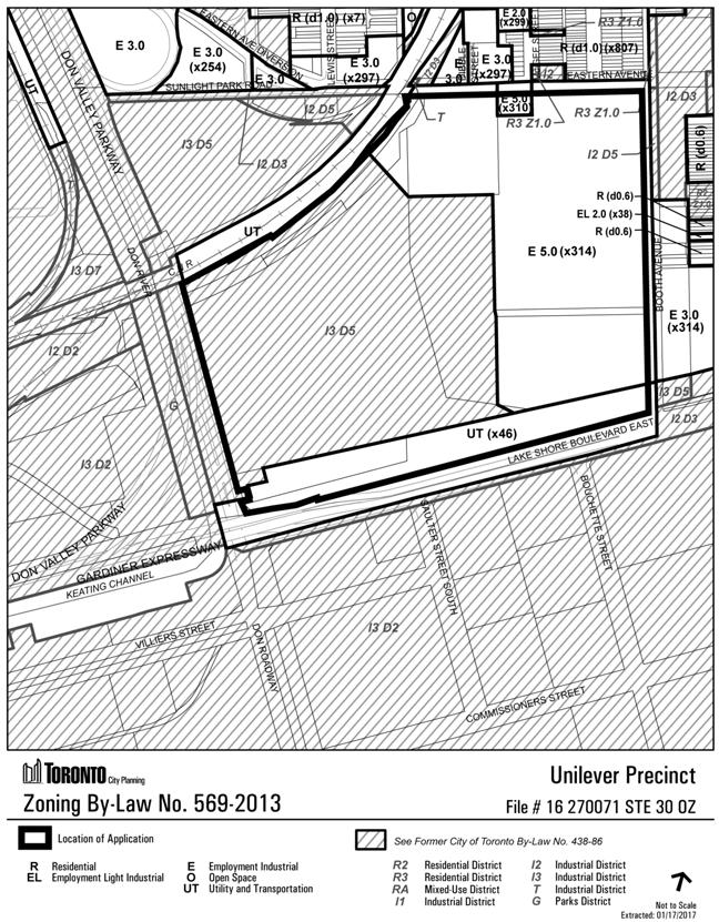ZONING Portions of the Unilever Precinct are zoned E (Employment) and UT (Utility and Transportation) under the City-wide Zoning By-law 569-2013 (appealed to the OMB).