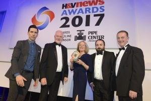 CO-Gas Safety Winner of the Safety Initiative 2017 H & V Awards inside back From Left to Right:- Host, Russell Kane; Roland Johns, CO-Gas Safety; Stephanie Trotter, OBE President & Director CO-Gas