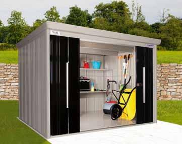 290 x 229 x 2 cm Shed with door-colour of choice Accessories (available at extra charge): Floor, 2 Storage racks: Depth 46 cm (4 shelves), Bicycle