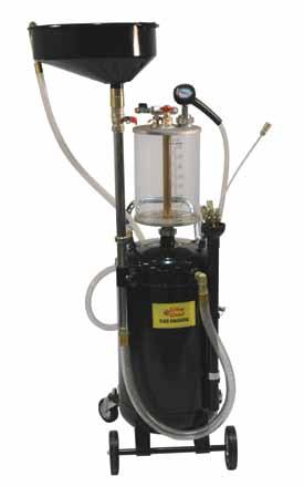 20-gallon heavy-duty steel tank 16" offset funnel with expanded metal screen Self-evacuating with 6' discharge hose Powerful venturi vacuum generator and vacuum gauge Wheels and casters are oil and