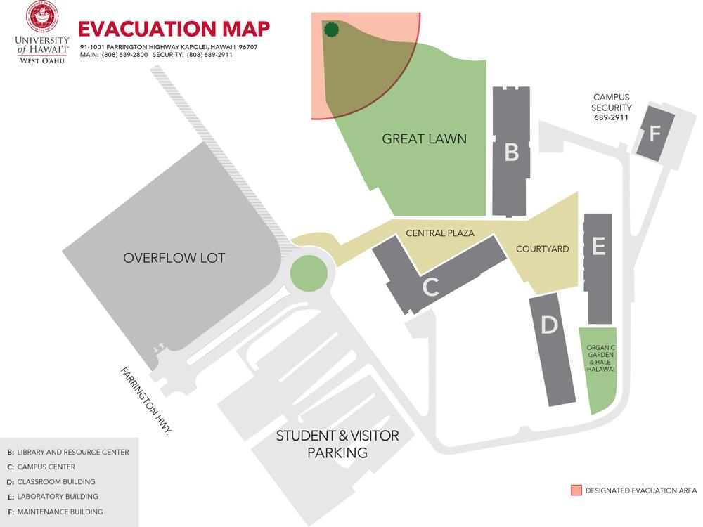 Evacuate to the Great Lawn. Be prepared to relocate if instructed to do so by Campus Security or Emergency Responders.