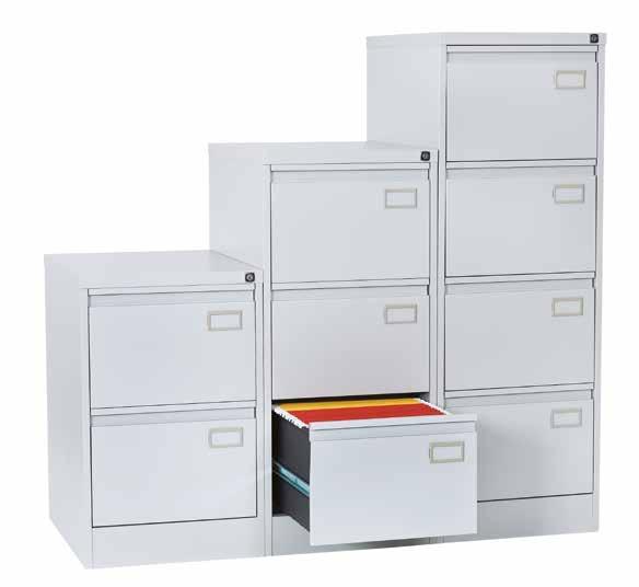 STORAGE / FILING: 17 ECONOMY Filing Cabinets Goose-neck handle and label holder Anti-tilt device is fitted as standard Each drawer has high sides for additional strength Accommodates foolscap
