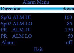 Figure 5 Alarm Setting Menu a The high/low limit of alarm setting In alarm setting menu,short press menu button to move the choice bar to "Dir" item,long press menu button to choose Up or Down.