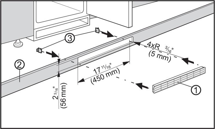 BOTTOM VENTILATION SLITS DIMENSIONS If you would like to use the ventilation slits: - Cut an opening in the plinth (2) as shown in the figure.
