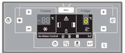ALARM CONDITIONS Control Panel Interface (mounted above dispenser assembly) Example above shows the ALARM 'd' flashing in the fridge temperature display.