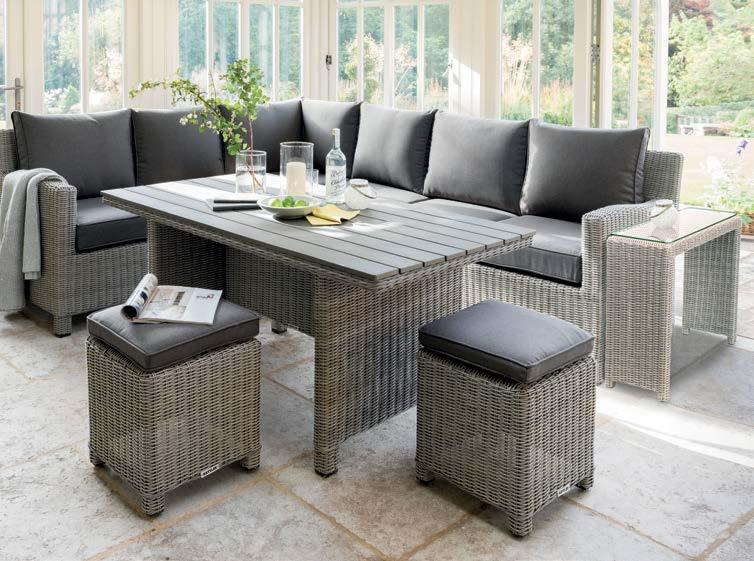Palma Corner Seating vailable in white wash (as pictured above) or rattan with taupe cushions. Includes Palma Sofa and 2 Stools. vailable in left and right version.