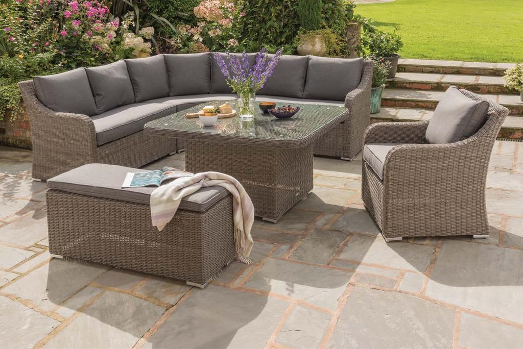 C rmchair & ench sold separately. 255cm KETTLER Casual ining Madrid 255cm Madrid Corner Set vailable in white wash or rattan (as pictured) with taupe cushions.