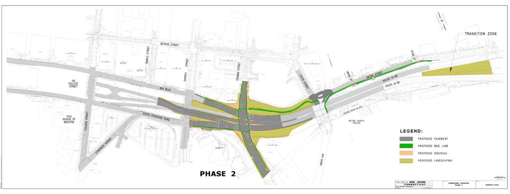 Reconnecting New Haven: Phase 2 Design Changes Stormwater Basin deferred to Phase 3 Second northbound lane included Reconfigure roadway striping to maintain existing on-street