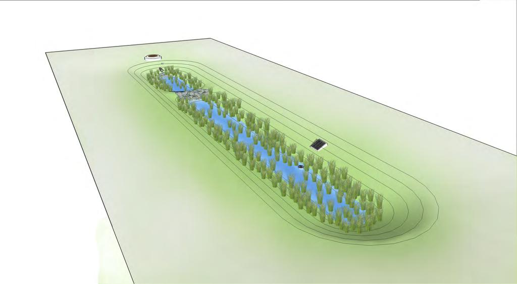 landscaped depression with a flat bottom that collects and holds stormwater runoff, allowing pollutants to settle and filter out as the water infiltrates into the ground or is discharged to an