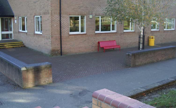 Do doormats at entrances have weighted edges to stop them curling up? Does outside furniture contrast clearly with the immediate surroundings (e.g. benches, bins, sign posts)?