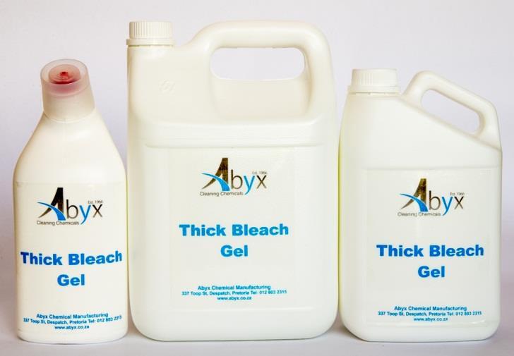 Thick Bleach Gel is available in: 12x750ml/6x2L/4x5L and 25L H O U S E H O L D B L E A C H Household Bleach is a whitening and bleaching agent to
