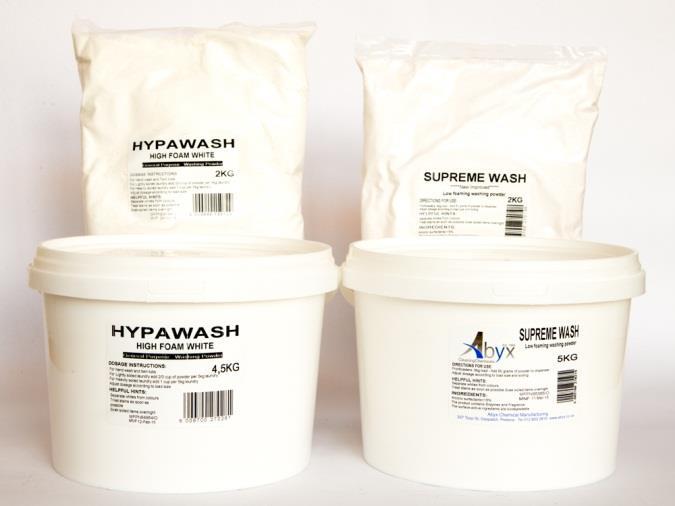 LAUNDRY CARE Abyx manufactures a wide range of phosphate-free washing powders ranging from a cost-effective Economy Washing powder to a low foaming Supreme Washing Powder.