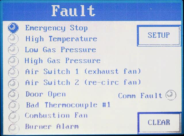Version 2.8 - Pg:10 The Fault Screen The Fault Screen will pop up when a safety fault is detected. In this example, the Emergency Stop button on the control panel door has been pushed.