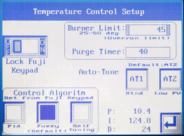 Version 2.8 - Pg:9 Temperature Control Setup Screen Touch the upper left corner of the Run screen to see this screen.