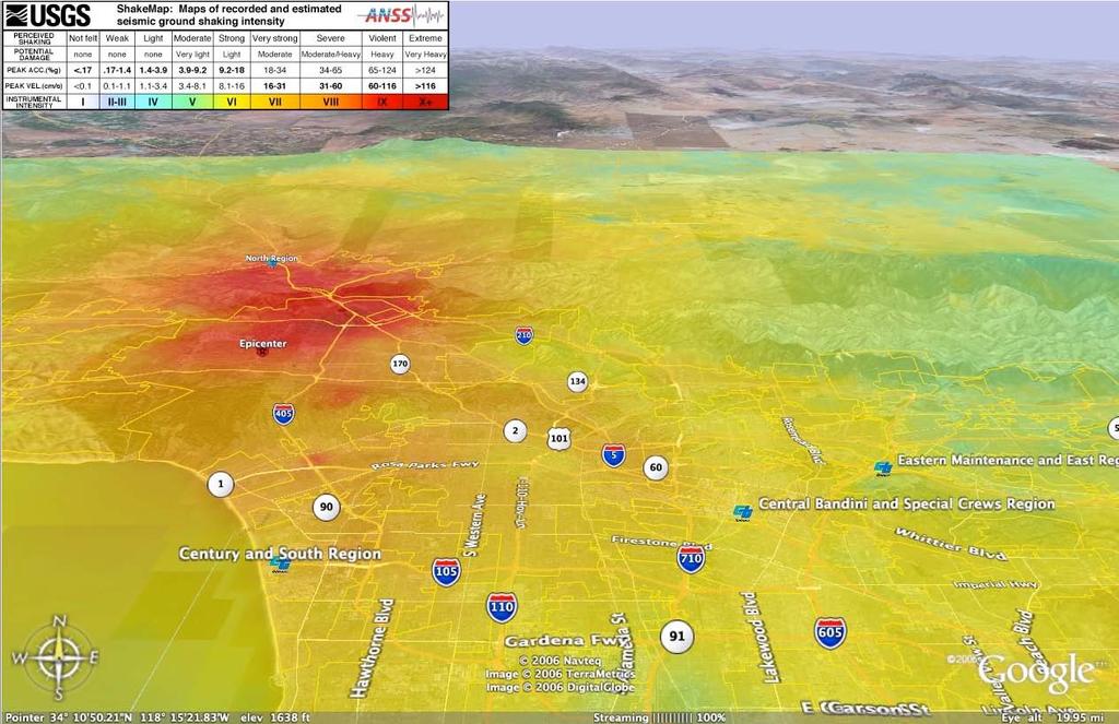 (The Northridge Scenario) Ground Shaking Intensity The shake-map-technology is