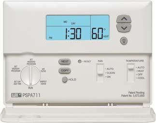 PSPA711 Auto Changeover Deluxe Programmable Profile: Fully programmable, digital thermostat with auto changeover for control of single stage heating and cooling systems.