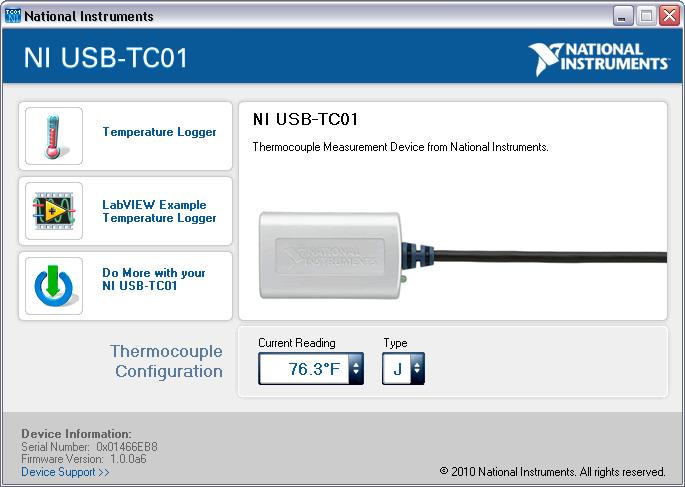 Once the device has been detected, the NI USB-TC01 launch screen will open, as shown in Figure 3, or a Windows Autoplay dialog will appear allowing you to select TC01Launcher.exe to run the software.