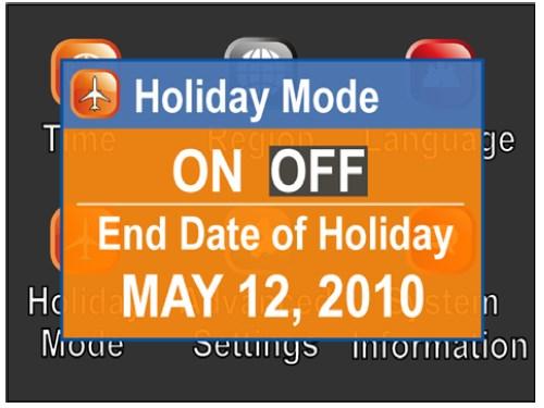 Choose Holiday Mode icon to activate it. The system will perform a brief back wash and rinse every 7 days.