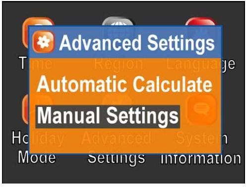 14 Advance settings has two options. Press SET REGEN button for 3-5 seconds to enter menu. Choose Manual Settings to manually adjust settings.