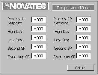 5.3.5a Temperature Setpoints This screen has all of the temperature control set points for the system. The Process Setpoints set the temperature for the process heaters. The High Dev. And Low Dev.