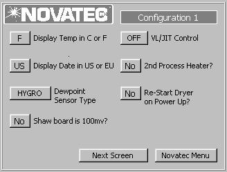 Depress this pad to go to Cycle Advance (Section 7.2.3) Depress this pad to go to Input Bypass (Section 7.2.4) Depress this pad to go to PID Setpoints (Section 7.2.5) 7.2.1 CONFIGURATION 7.2.1a Configuration 1 This Screen allows you to configure the system and its properties.