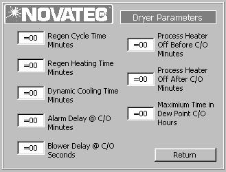 7.2.2 DRYER PARAMETERS The Dryer Parameters Screen has the balance of the internal setup parameters that makes this control system configure to the NOVATEC dryers.