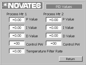 7.2.5 PID SETUP This screen allows the user to tweak the PID settings as necessary to improve the process heater performance.